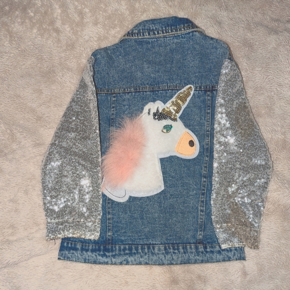 Girls Unicorn jean Jacket with sequin sleeves, size 5